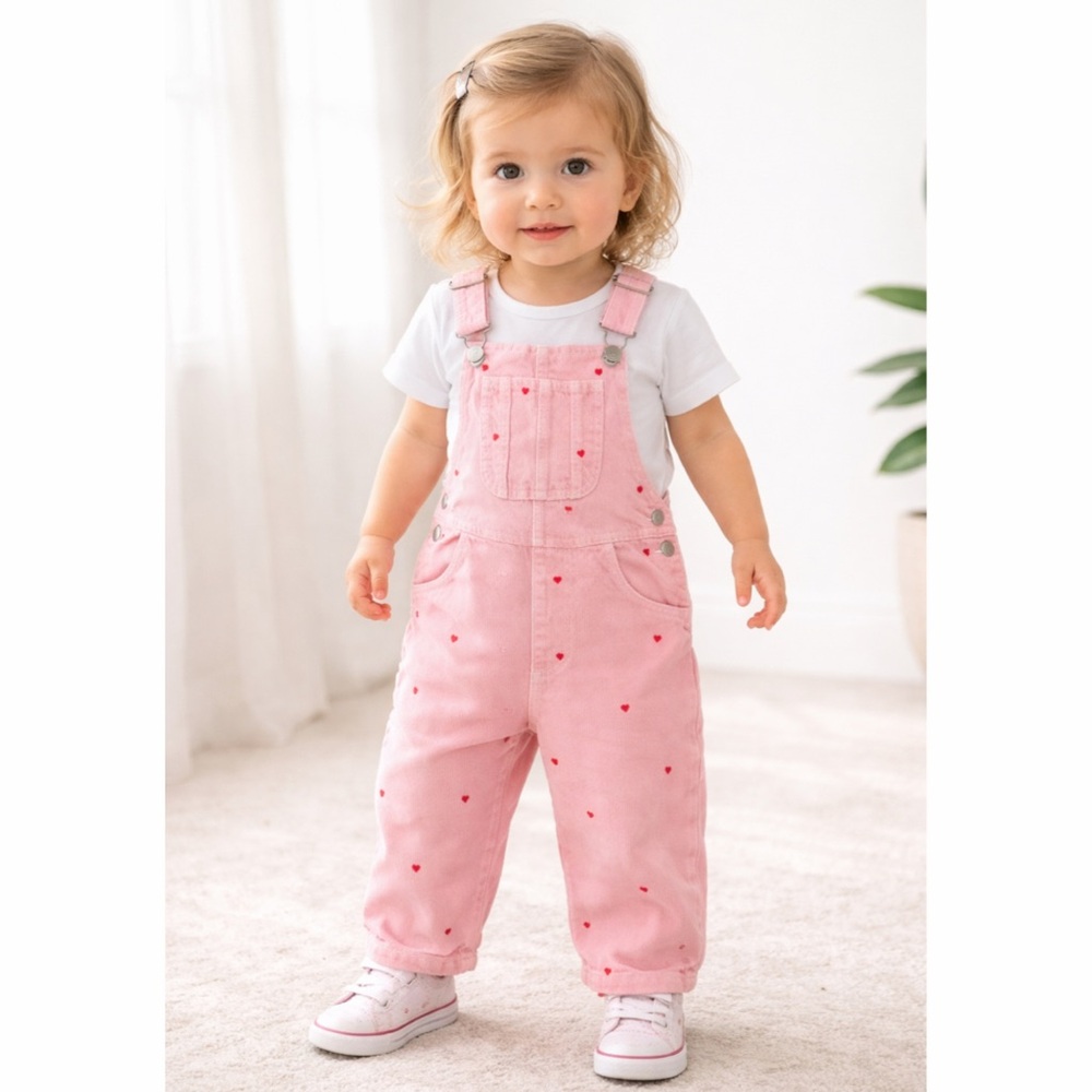 Zara Pink Heart Denim Overalls Kids 4Y Wide Leg Cotton Adjustable